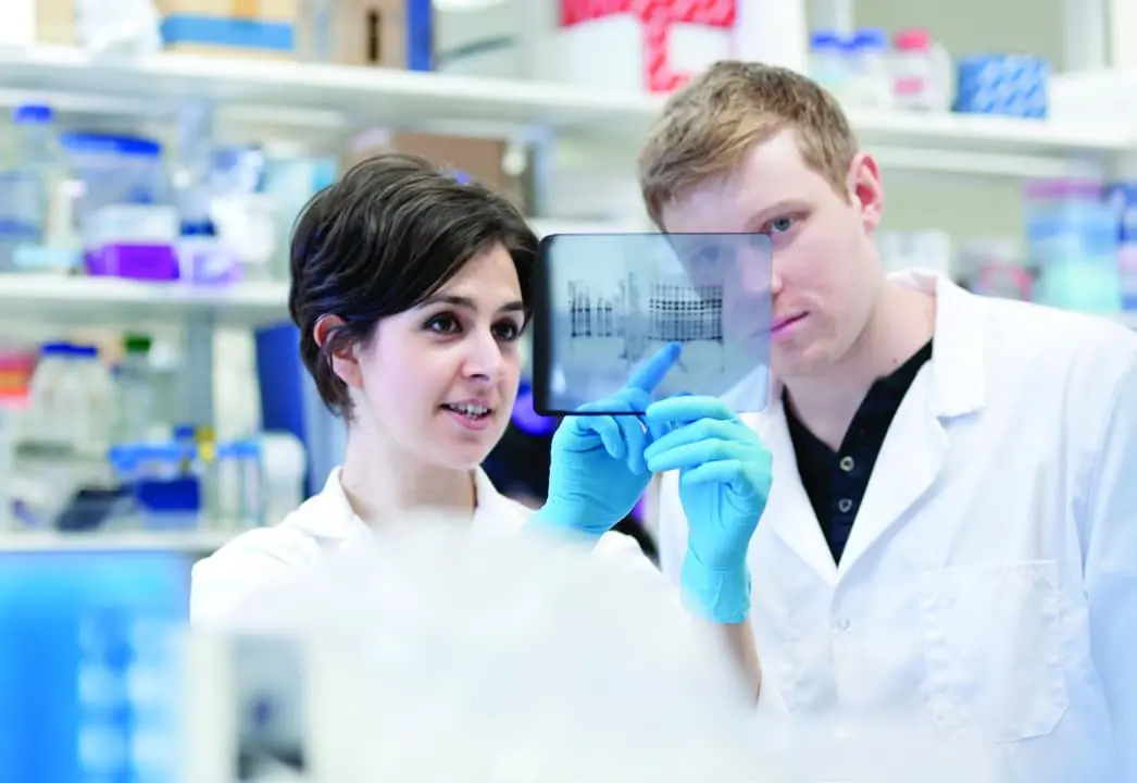 a man and a women in a lab looking at a scan