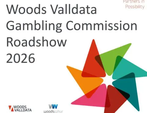 Woods Valldata Gambling Commission Roadshow showing Woods Valldata logo and Woods Whur logo and the tagline Partners in Possibility against the Woods Valldata coloured arrows