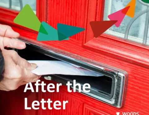 A charity direct mail piece being posted through the red door of a charity supporter with the words After the letter drops and the Woods Valldata logo and branding